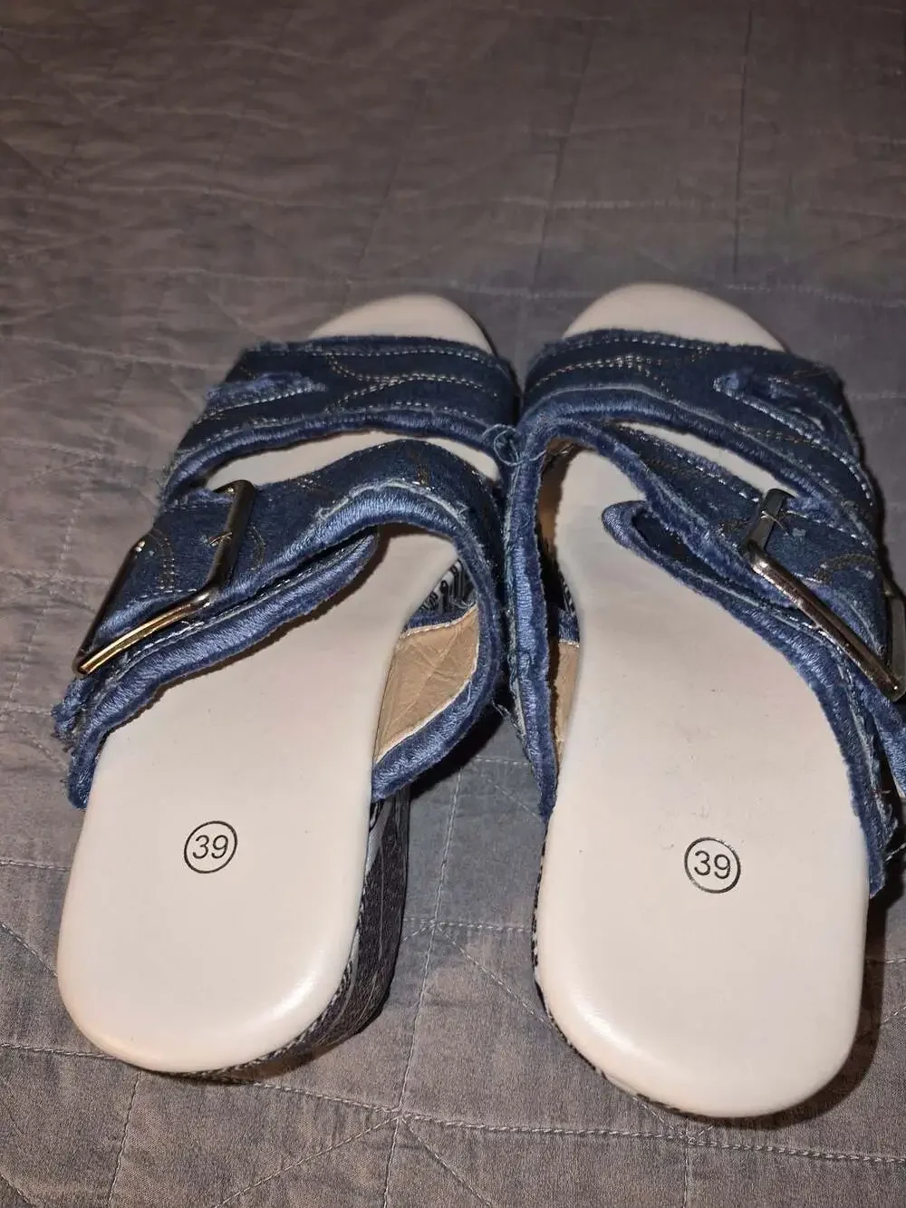 Women's Denim and Newspaper Print Platform Wedge Sandals with Buckle Strap